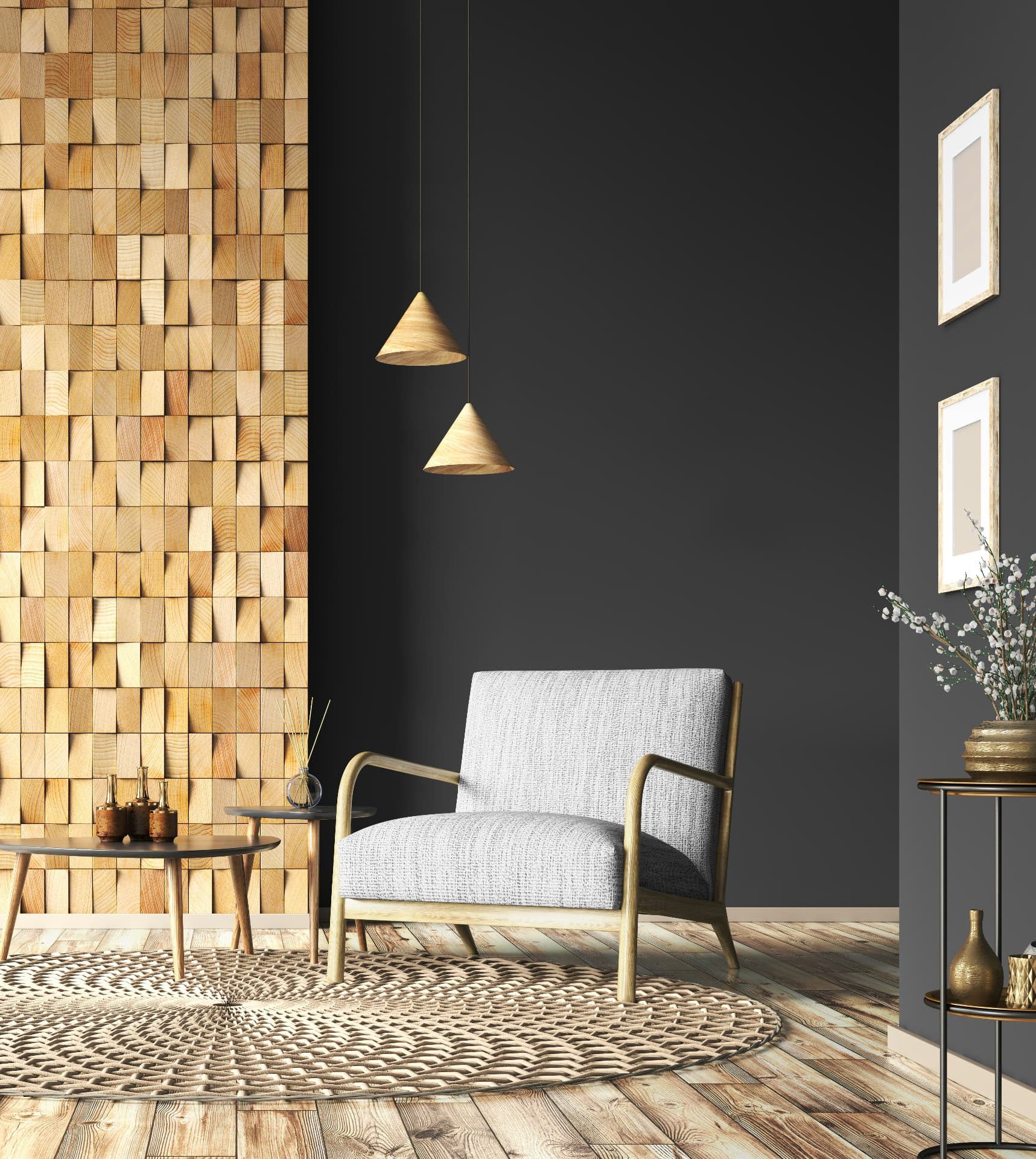 A light grey armchair against a charcoal wall, beside a textured wood accent wall