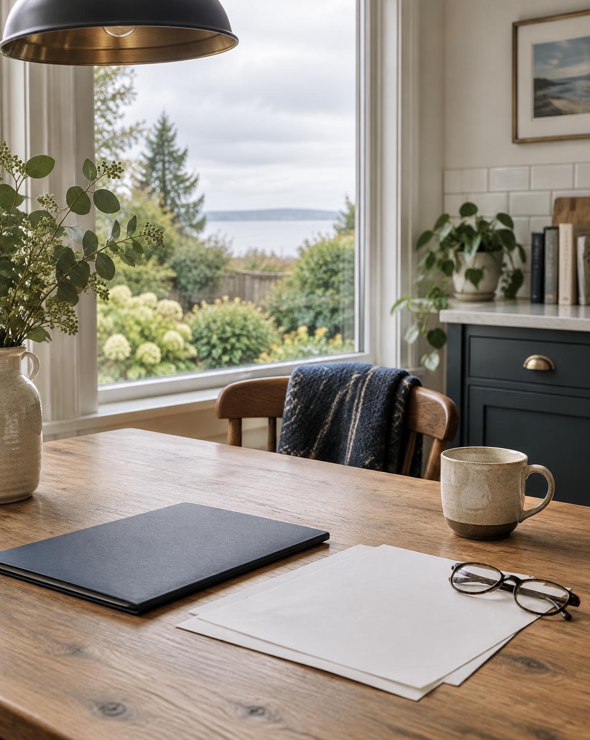 Paperwork, glasses and a cup on a kitchen table beside a window